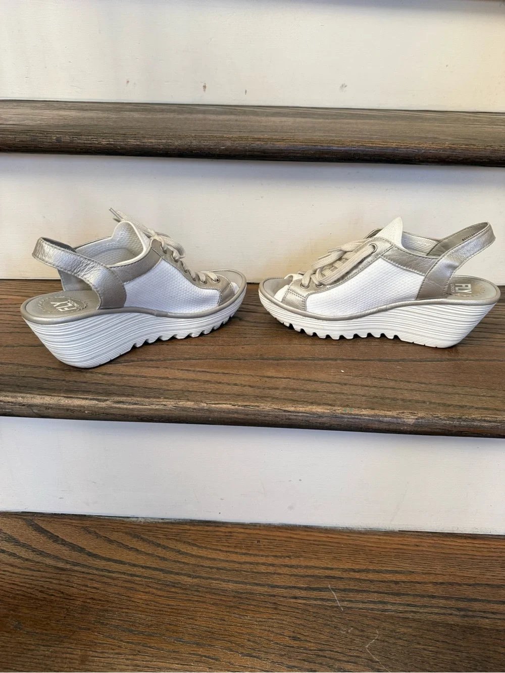 Fly London 38 Yedu Wedge Lace up Sandal  - White & Metallic silver